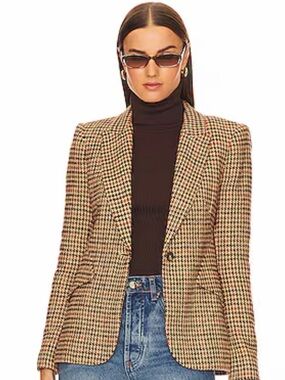 L'AGENCE Brown and Black Houndstooth Single-Button Blazer